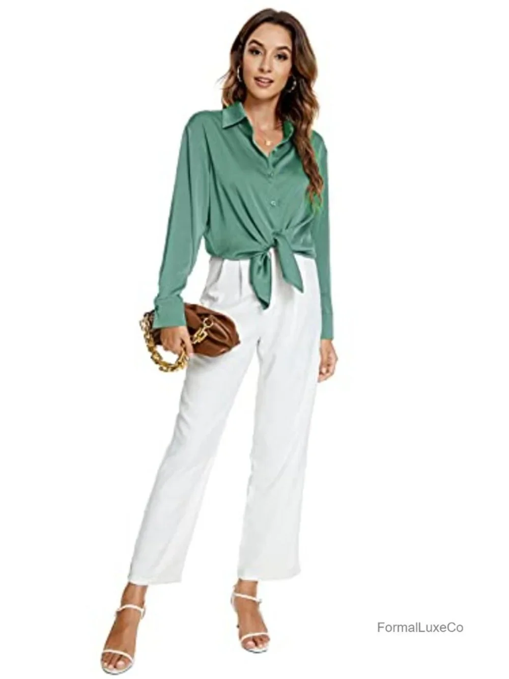 Women's Long Sleeve Button Down Satin Silk Shirt Blouse Business Office Casual